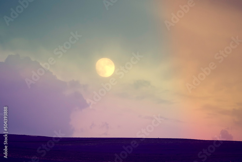 Fantastic fairytale landscape with the moon over a lavender field © vvicca