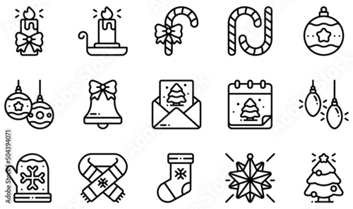 Set of Vector Icons Related to Christmas Decoration. Contains such Icons as Candle, Candle Stand, Candy Cane, Christmas Bell, Christmas Card, Christmas Scarf and more.