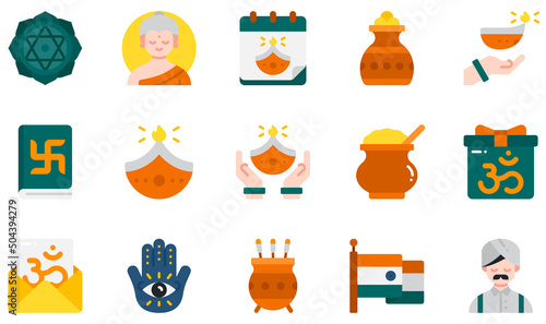 Set of Vector Icons Related to Diwali. Contains such Icons as Anahata, Buddha, Dhanteras, Diwali, Diya, Hamsa and more.