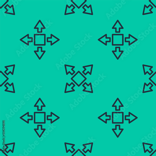 Blue line Many ways directional arrow icon isolated seamless pattern on green background. Vector