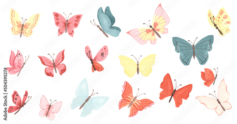 Watercolor butterflies illustration for kids - obrazy, fototapety, plakaty 