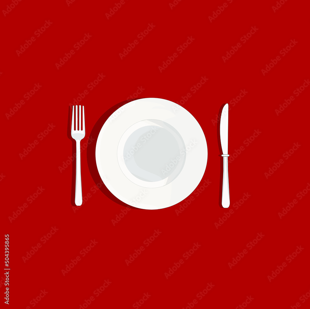 Table setting on red background, top view. Plate, knife and fork on the red cloth. Vector illustration in flat style. Dinner flat graphic, food sign with plate, fork and knife - vector eps10 Table setting on red background, top view. Plate, knife and fork on the red cloth. Vector illustration in flat style. Dinner flat graphic, food sign with plate, fork and knife - vector eps10