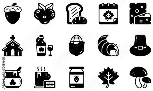 Set of Vector Icons Related to Thanksgiving . Contains such Icons as Acorn, Berries, Cheese, Church, Cornucopia, Honey and more.