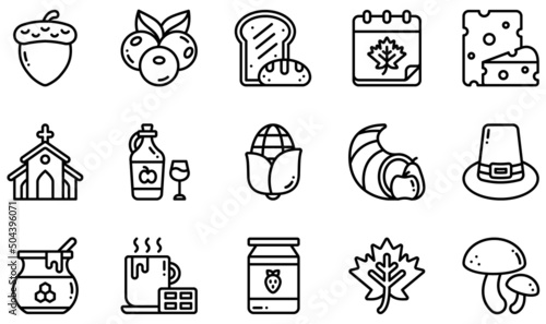 Set of Vector Icons Related to Thanksgiving . Contains such Icons as Acorn, Berries, Cheese, Church, Cornucopia, Honey and more.