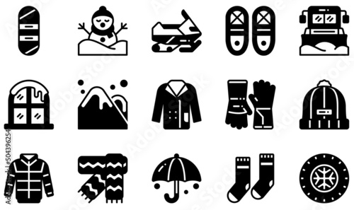 Set of Vector Icons Related to Winter. Contains such Icons as Snowboard, Snowshoes, Truck, Winter, Winter Gloves, Winter Scarf and more.