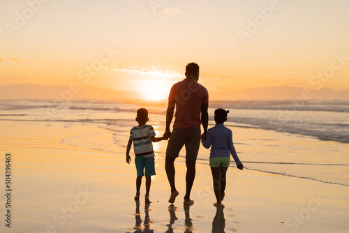 Rear view of african american young father holding son and daughter's hands while walking on beach