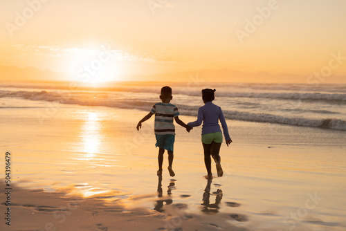 Rear view of african american siblings holding hands and running on beach against sky at sunset