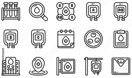Set of Vector Icons Related to Blood Donation. Contains such Icons as Blood Test, Calendar, Erythrocytes, Health Report, Transfusion, Weight and more.