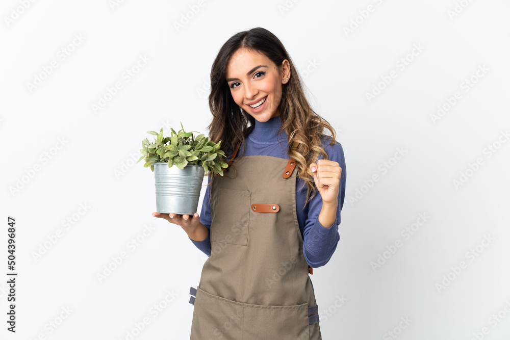 Gardener girl holding a plant isolated on white background celebrating a victory in winner position Gardener girl holding a plant isolated on white background celebrating a victory in winner position