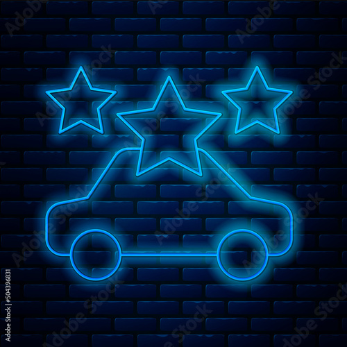 Glowing neon line Car sharing icon isolated on brick wall background. Carsharing sign. Transport renting service concept. Vector