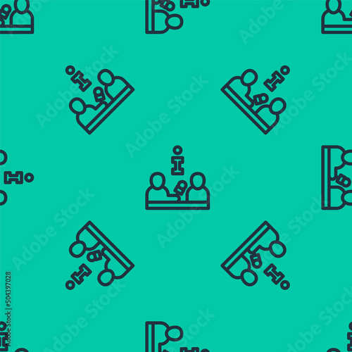 Blue line Interview with a famous person icon isolated seamless pattern on green background Fototapeta