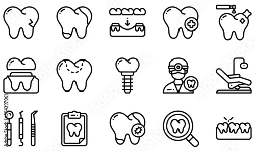 Set of Vector Icons Related to Dental. Contains such Icons as Broken Tooth, Decay, Dental Care, Dental Crown, Dental Filling, Dentist and more.