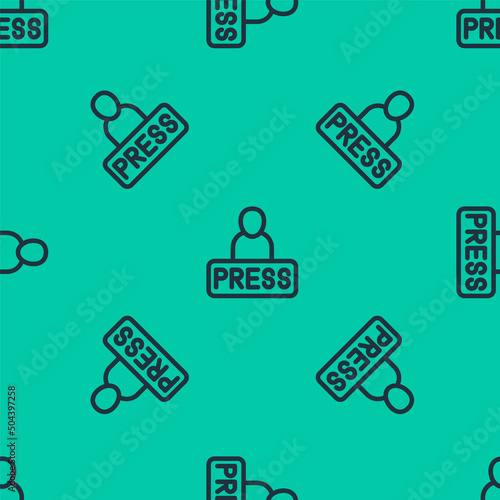 Blue line Journalist news reporter icon isolated seamless pattern on green background. Vector