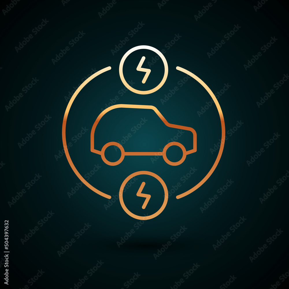 Gold line Electric car and electrical cable plug charging icon isolated on dark blue background. Renewable eco technologies. Vector Gold line Electric car and electrical cable plug charging icon isolated on dark blue background. Renewable eco technologies. Vector