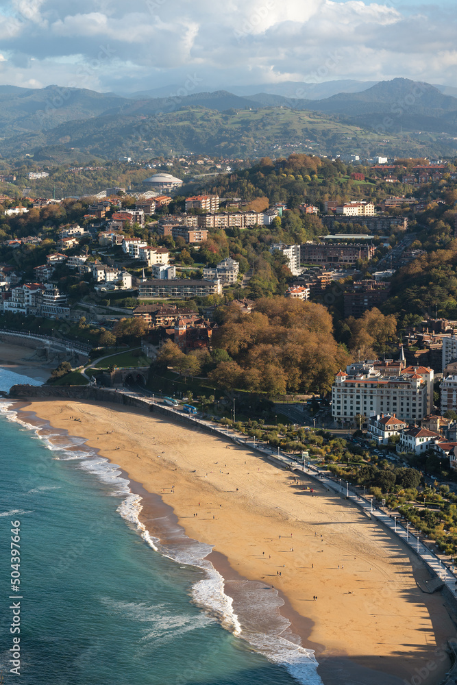 Aerial view of part of La Concha beach in San Sebastian, Spain.