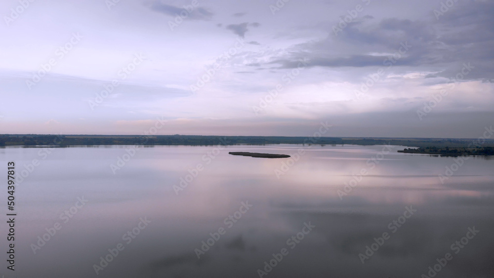 Aerial view. Large mysterious lake early in the morning. Lake Supiy. Ukraine