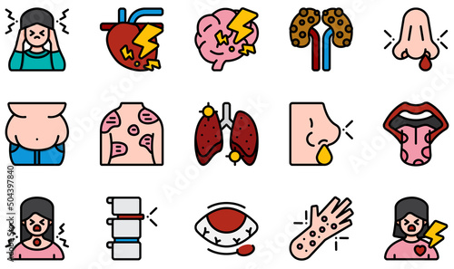 Set of Vector Icons Related to Diseases. Contains such Icons as Gastric Reflux, Glossitis, Headache, Heart Disease, Obesity, Hordeolum and more.