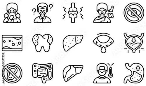 Set of Vector Icons Related to Diseases. Contains such Icons as Allergy, Alzheimer, Arthritis, Asthma, Blindness, Cholesterol and more.