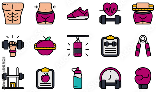 Set of Vector Icons Related to Fitness. Contains such Icons as Six Pack, Waist, Waist, Dumbbell, Boxing Bag, Boxing Bag and more.