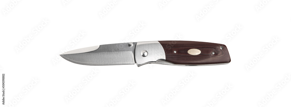 Pocket knife with wooden handle. Folding knife with metal clip. Jackknife. Isolate on a white back. Pocket knife with wooden handle. Folding knife with metal clip. Jackknife. Isolate on a white back.