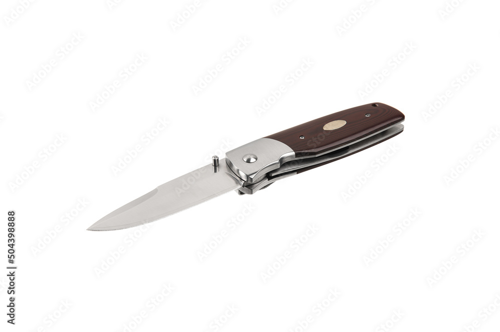 Pocket knife with wooden handle. Folding knife with metal clip. Jackknife. Isolate on a white back. Pocket knife with wooden handle. Folding knife with metal clip. Jackknife. Isolate on a white back.