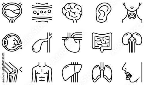 Set of Vector Icons Related to Human Body. Contains such Icons as Bladder, Blood Vessel, Brain, Ear, Eye, Heart and more.