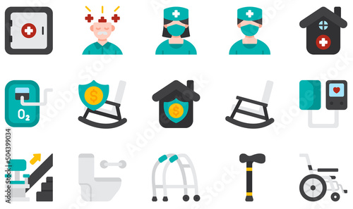 Set of Vector Icons Related to Nursing Home. Contains such Icons as Mental Health, Nurse, Nursing Home, Retirement, Rocking Chair, Stair and more.