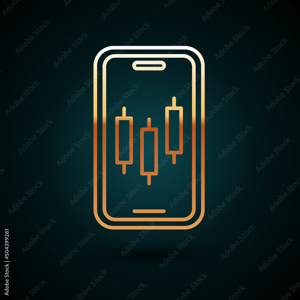 Gold line Mobile stock trading concept icon isolated on dark blue background. Online trading, stock market analysis, business and investment. Vector Gold line Mobile stock trading concept icon isolated on dark blue background. Online trading, stock market analysis, business and investment. Vector