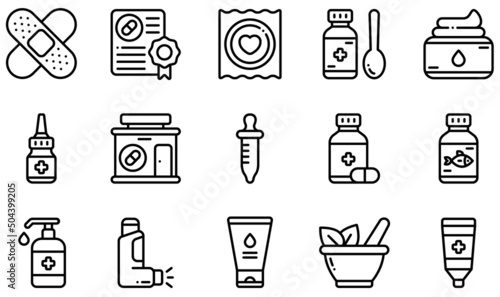 Set of Vector Icons Related to Pharmacy. Contains such Icons as Band Aid, Cough, Cream, Drugstore, Fish Oil, Inhaler and more.