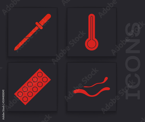 Set Ebola virus disease, Pipette, Medical thermometer and Pills in blister pack icon. Vector