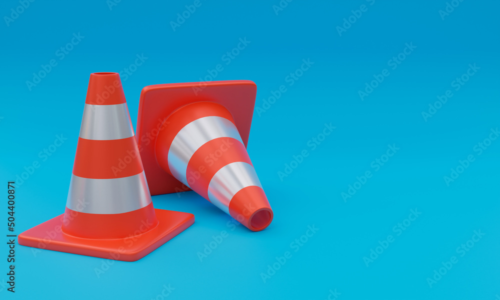 3d illustration, traffic safety cones, blue background, copy space, 3d rendering. 3d illustration, traffic safety cones, blue background, copy space, 3d rendering.