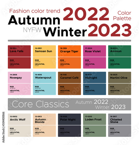 Fashion color trends Autumn Winter 2022-2023. Palette fashion colors guide with named color swatches, RGB, HEX colors