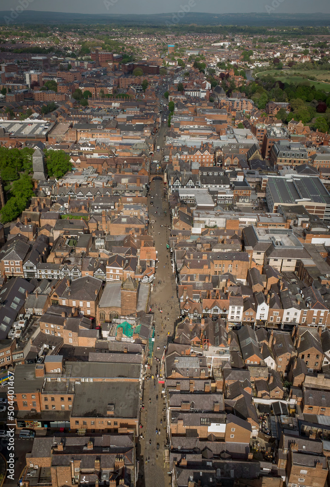 Aerial view of Chester town centre high street with people Aerial view of Chester town centre high street with people