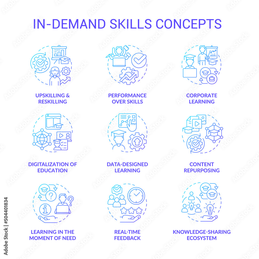 In demand skills blue gradient concept icons set. Upskilling and reskilling idea thin line color illustrations. Corporate learning. Isolated symbols. Roboto-Medium, Myriad Pro-Bold fonts used