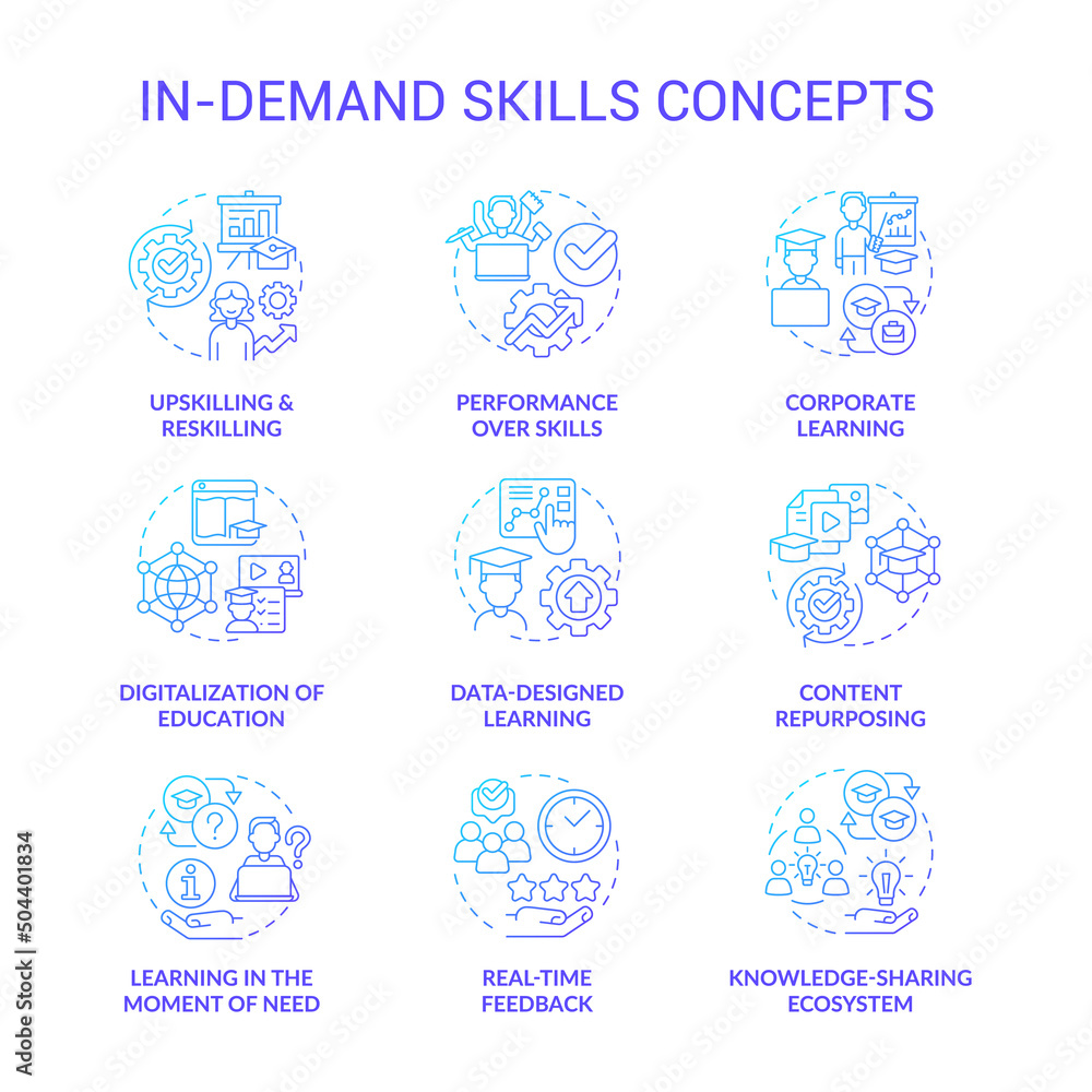 In demand skills blue gradient concept icons set. Upskilling and reskilling idea thin line color illustrations. Corporate learning. Isolated symbols. Roboto-Medium, Myriad Pro-Bold fonts used In demand skills blue gradient concept icons set. Upskilling and reskilling idea thin line color illustrations. Corporate learning. Isolated symbols. Roboto-Medium, Myriad Pro-Bold fonts used
