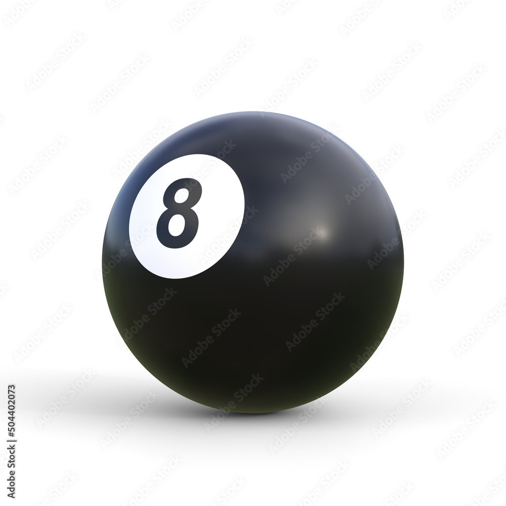 Billiard ball number eight black color isolated on white background. Realistic glossy snooker ball. 3D rendering 3D illustration Billiard ball number eight black color isolated on white background. Realistic glossy snooker ball. 3D rendering 3D illustration