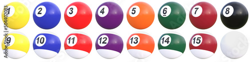 Pool balls with numbers collection isolated on white background. Realistic glossy snooker ball. Billiard ball set. Solids and stripes. Recreational sport. 3D rendering 3D illustration photo