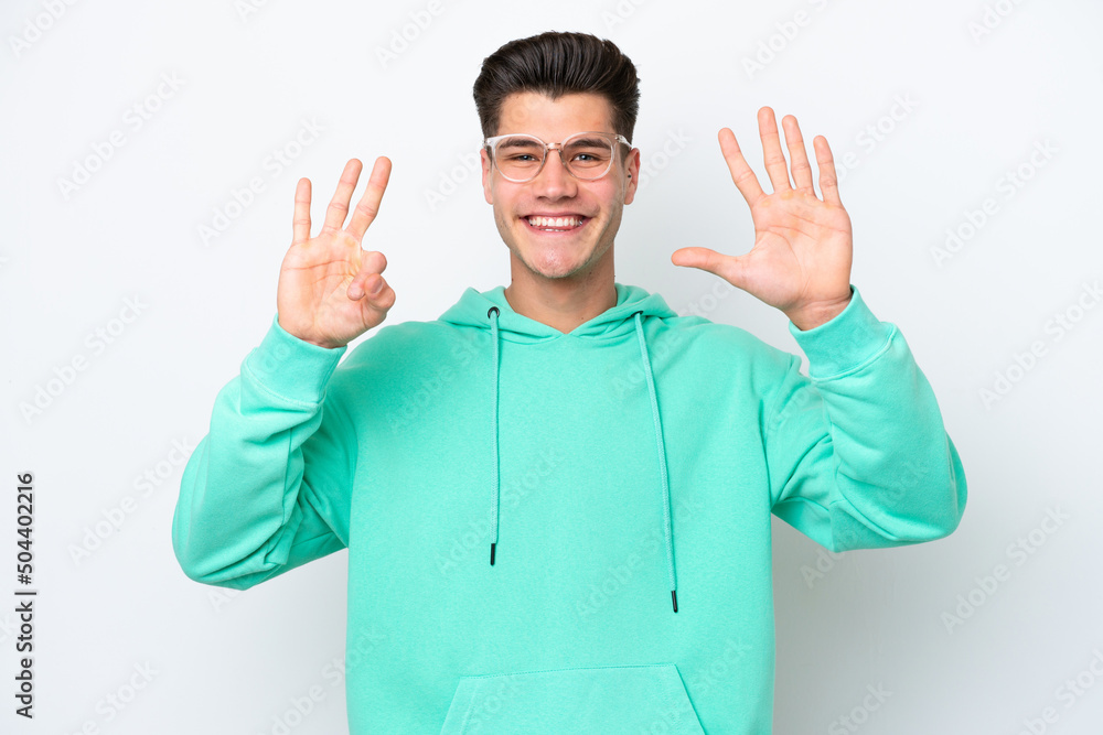 Young handsome caucasian man isolated on white bakcground counting eight with fingers Young handsome caucasian man isolated on white bakcground counting eight with fingers