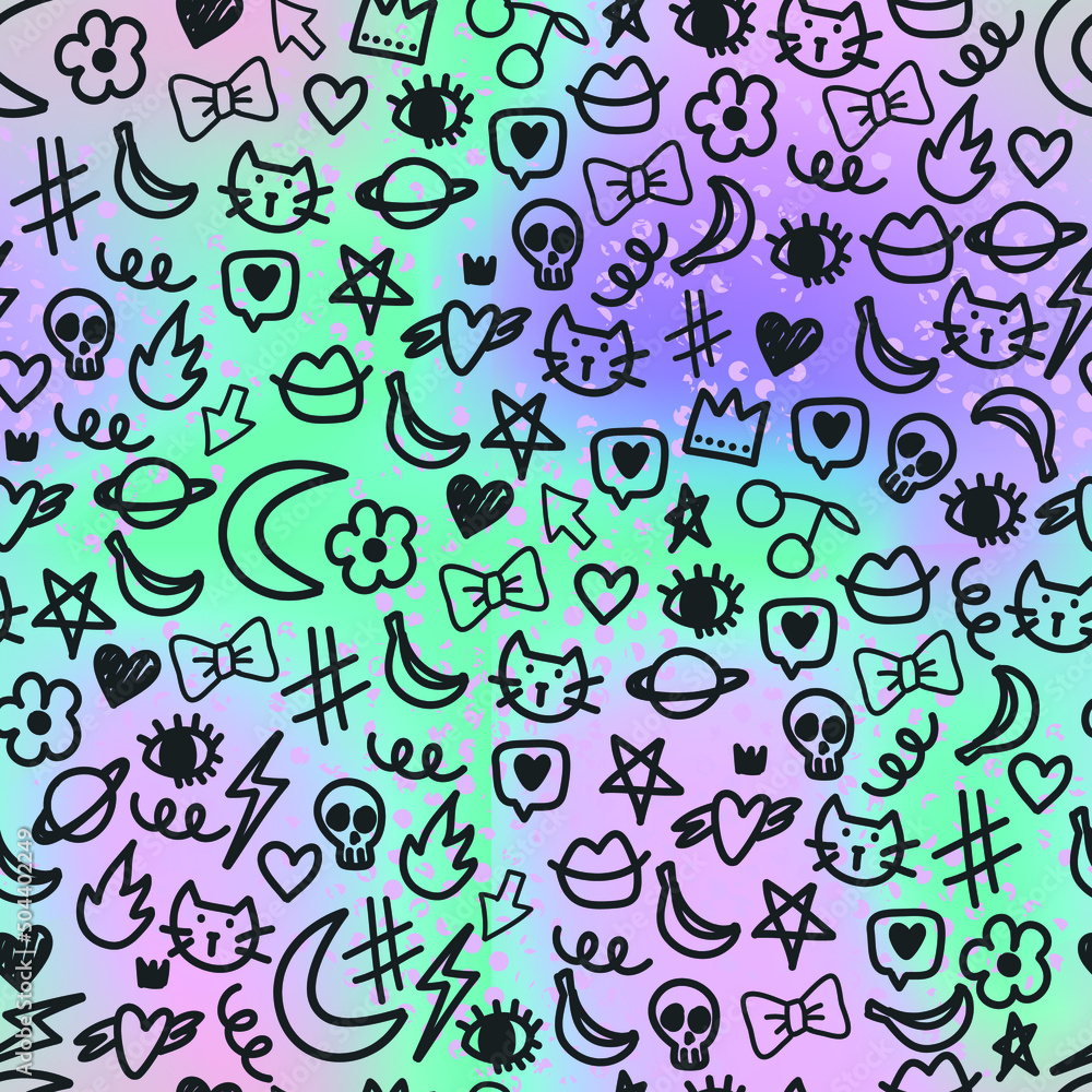 Seamless pattern with doodle moon, cat, banana, lips, fire, eyes, planet, flowers, hearts and other elements. background for textile, fabric, stationery,clothes, stationery,web and other designs.