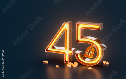 45 percent discount sale banner with tag neon glowing light on dark background 3d render concept