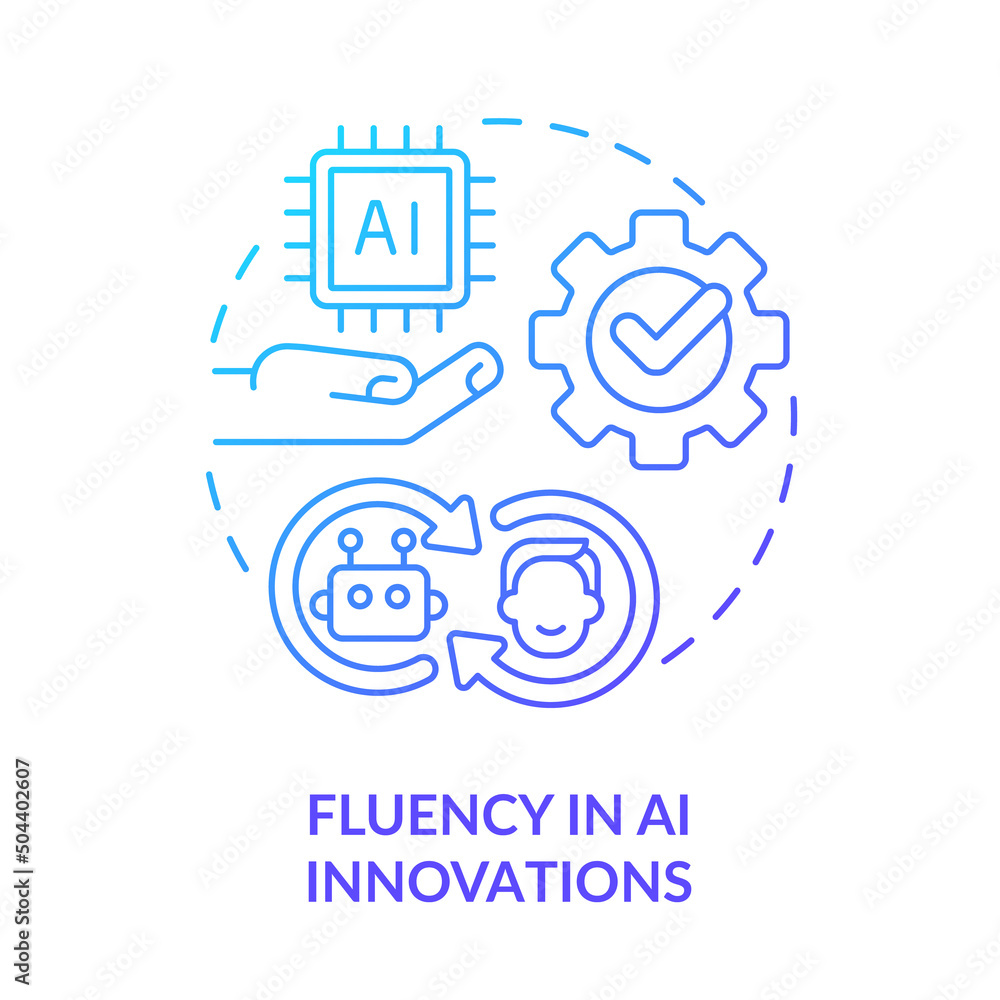 Fluency in AI innovations blue gradient concept icon. Trendy digital skill abstract idea thin line illustration. Artificial intelligence. Isolated outline drawing. Myriad Pro-Bold font used Fluency in AI innovations blue gradient concept icon. Trendy digital skill abstract idea thin line illustration. Artificial intelligence. Isolated outline drawing. Myriad Pro-Bold font used
