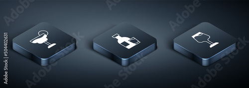 Set Isometric Cocktail, Wine glass and Bottle of vodka with icon. Vector