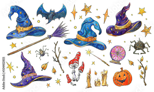Set with magic hats. Watercolor illustration of a witch hats, bat,pumpkin and stars . Halloween set for original design.