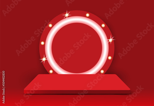 Premium red podium with circle shapes background.