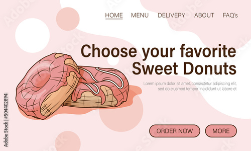Vector background illustration of donuts. Sweets concept, sweets shop, bakery. Vector illustration for banner, poster, website, advertising.