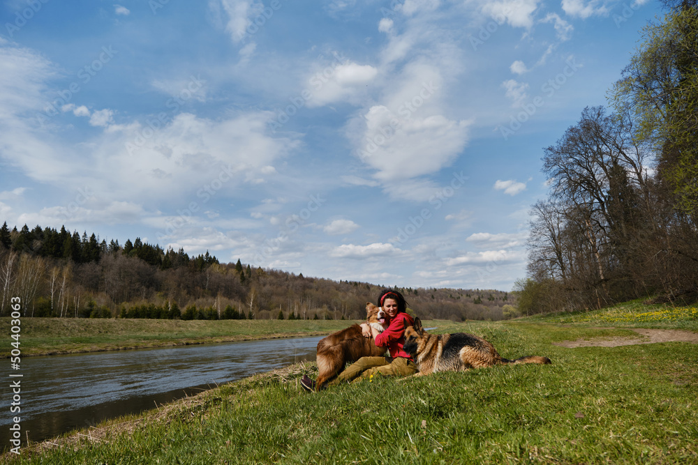 Moscow region, the Moskva River in countryside on warm summer sunny day. Young woman sitting on green clearing and hugs aussie puppy, German shepherd lying next. Female owner with two dogs in park.