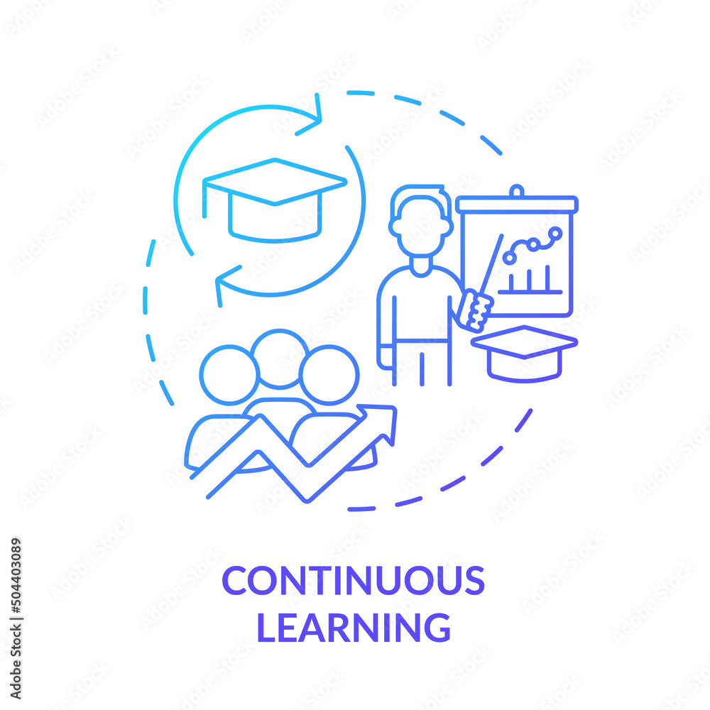 Continuous learning blue gradient concept icon. Trendy skill to put in resume abstract idea thin line illustration. Lifelong education. Isolated outline drawing. Myriad Pro-Bold font used Continuous learning blue gradient concept icon. Trendy skill to put in resume abstract idea thin line illustration. Lifelong education. Isolated outline drawing. Myriad Pro-Bold font used