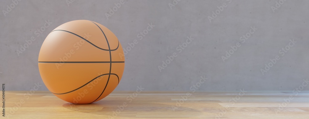 Basketball. Basket ball on sport court wooden floor background, copy space, banner. 3d render
