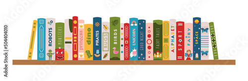 Bookshelf with children's books. Childrens books on shelf. Literature for kids. Books for boys and girls. Children's reading. Colorful books covers. Banner for library, bookstore, fair, festival.