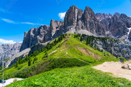 View of Sella Group in the Italian Dolomites with green grass hill and yellow flowers at Gardena Pass in sunny day at South Tyrol, Italy.